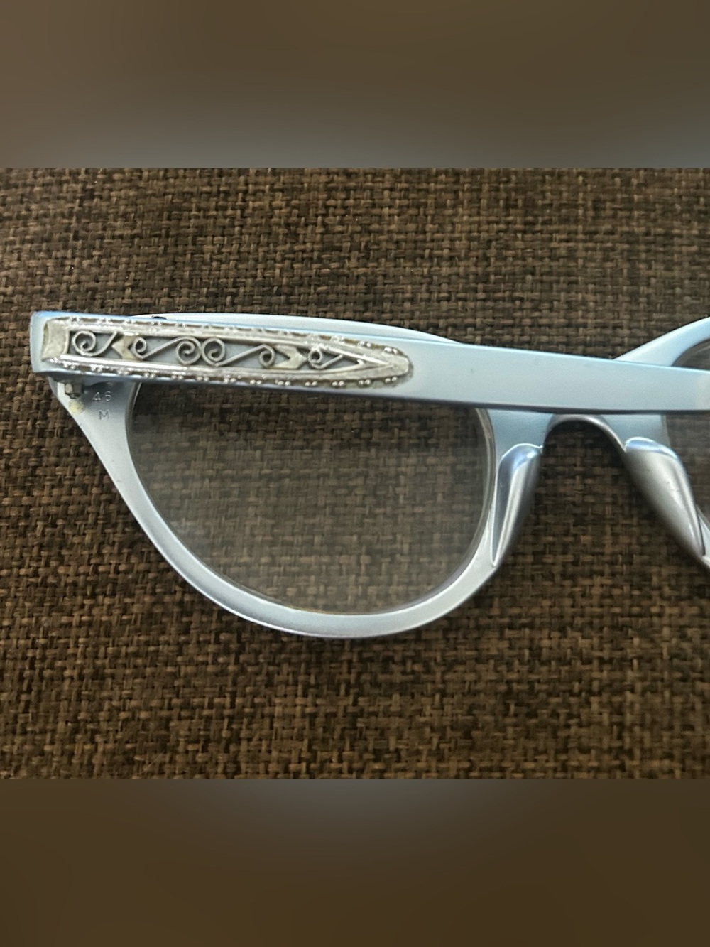 Vintage TURA Cat Eye Glasses Silver Filigree Art Nouveau deco Frames 5 3/4 case - Picture 3 of 6